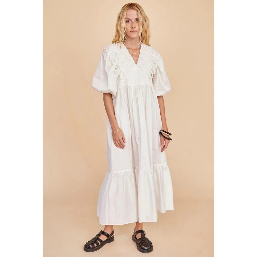 Hunter Bell Mercer Dress midi white 100% cotton lace collar size L Large